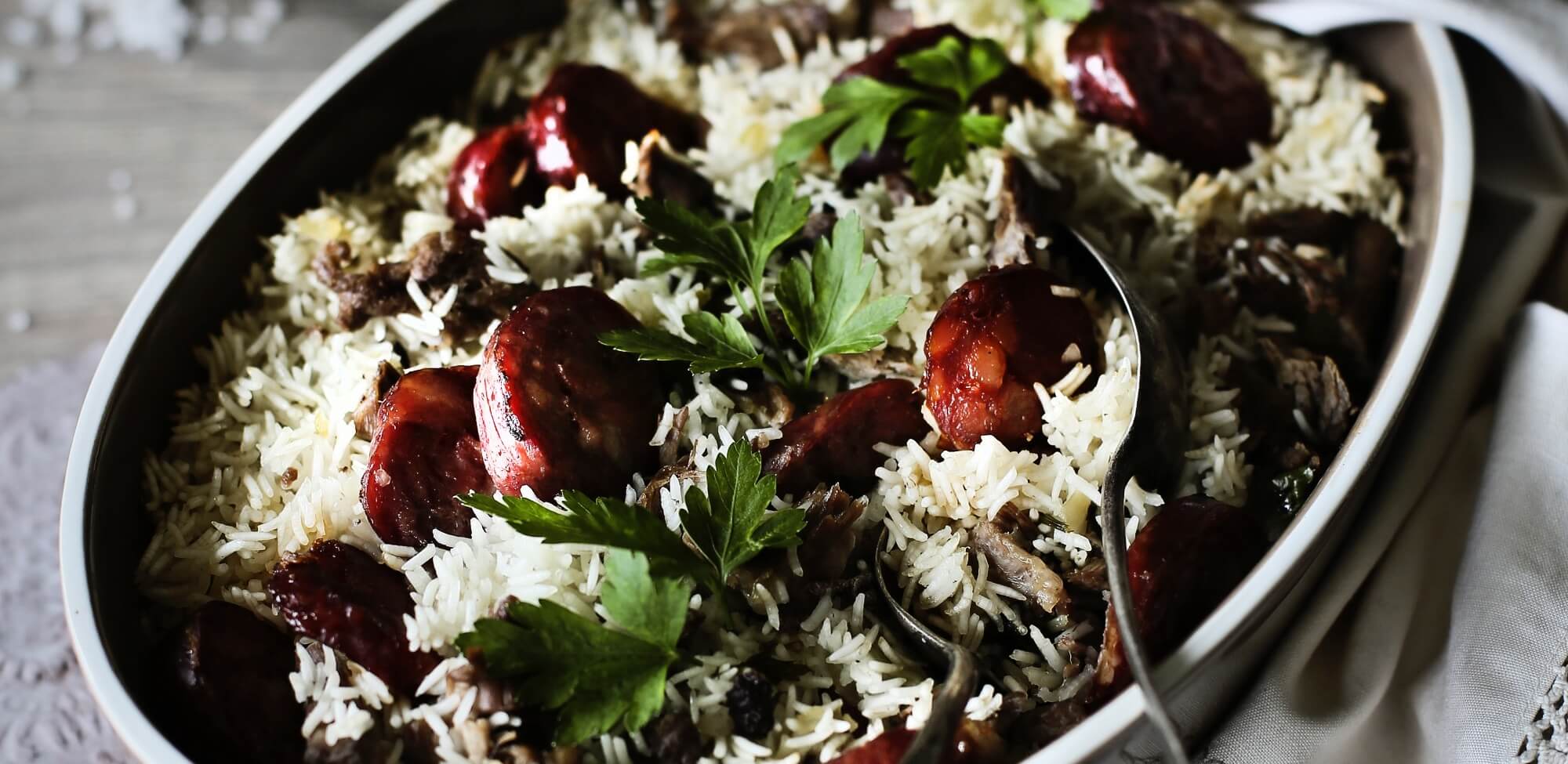 Arroz de cabrito no forno com paio e chouriço