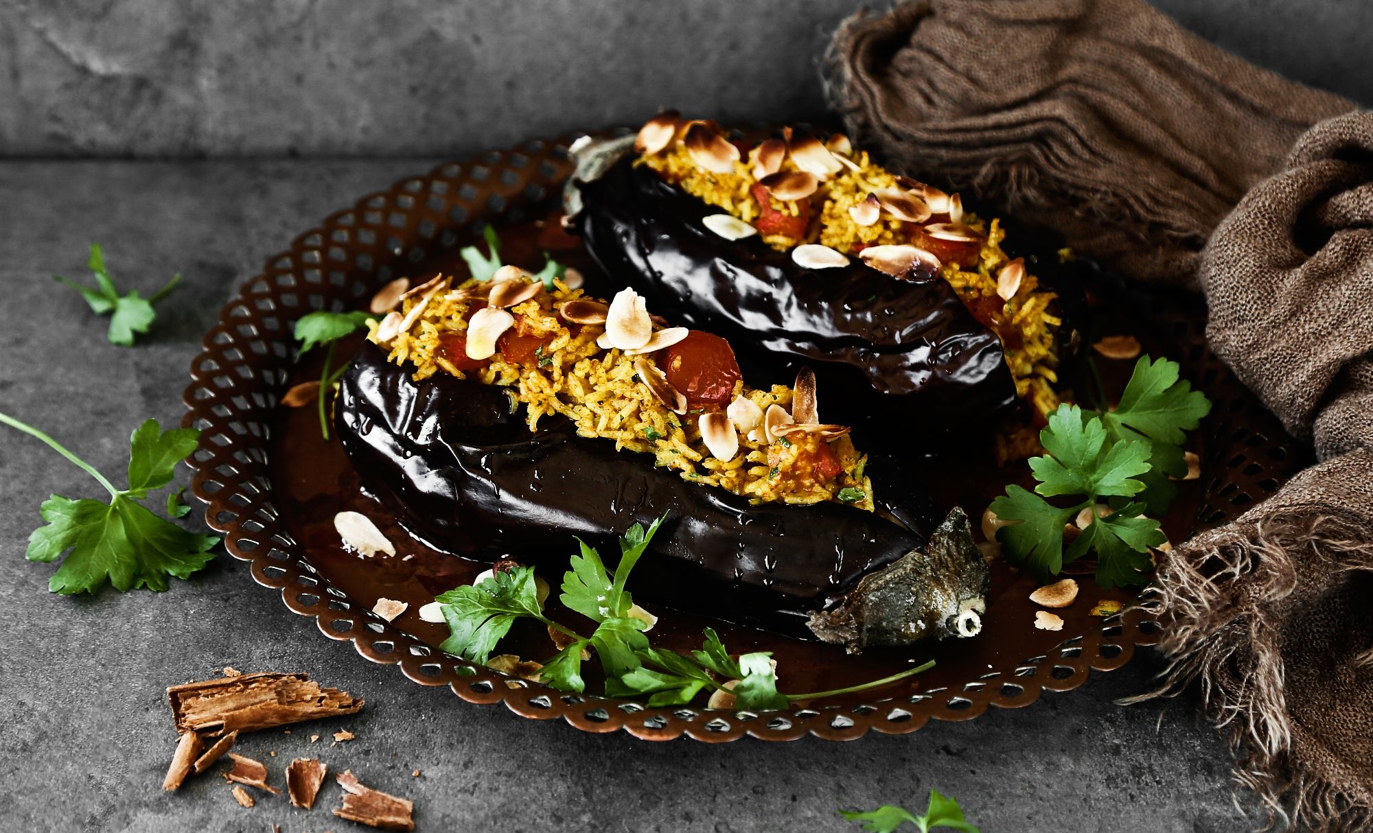 Beringelas Recheadas com Arroz Exótico